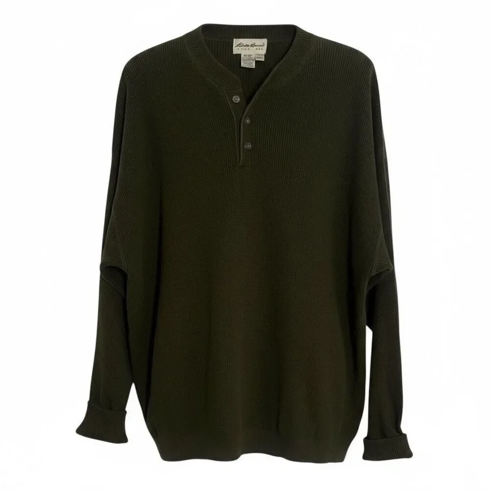Eddie Bauer Chunky Knit Cotton Henley Pullover Sweater Olive Green‎ Size XL